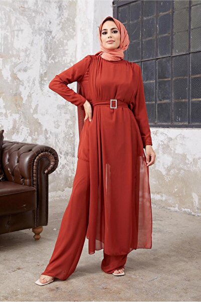 TRENDTESETTÜR KADIN KAHVE (KİREMİT) ŞİFON TÜL DETAYLI KUŞAKLI İKİLİ PANTOLONL...