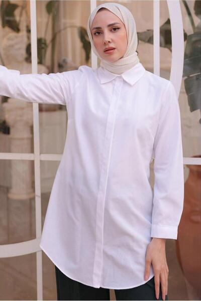 TRENDTESETTÜR KADIN BEYAZ GİZLİ DÜĞMELİ GÖMLEK TUNİK T 1116