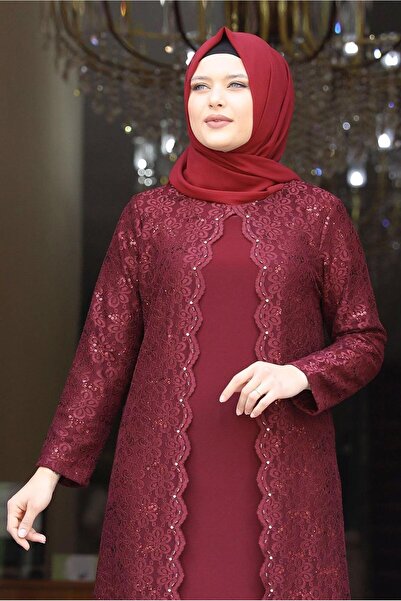TRENDTESETTÜR KADIN BORDO DANTELLİ PUL DETAYLI ABİYE ELBİSE 3923