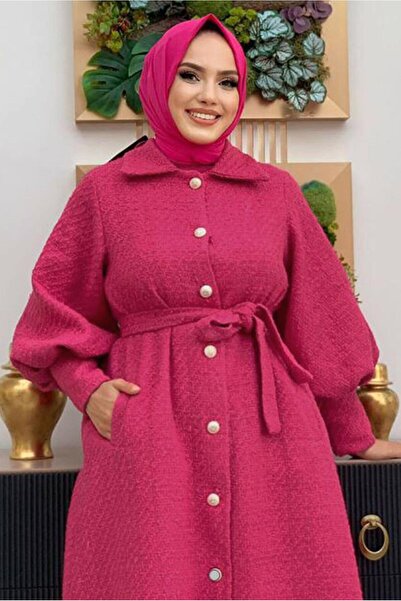 TRENDTESETTÜR KADIN FUŞYA DÜĞMELİ KUŞAKLI KABAN 7277