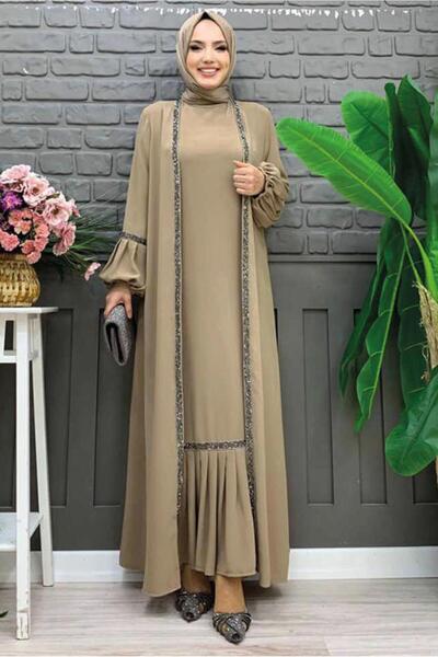 TRENDTESETTÜR KADIN VİZON TAŞLI ŞERİT DETAYLI ELBİSELİ TAKIM T 7563