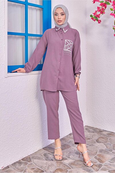 TRENDTESETTÜR KADIN PEMBE (GÜL) TAŞLI PANTOLONLU TAKIM T 0193