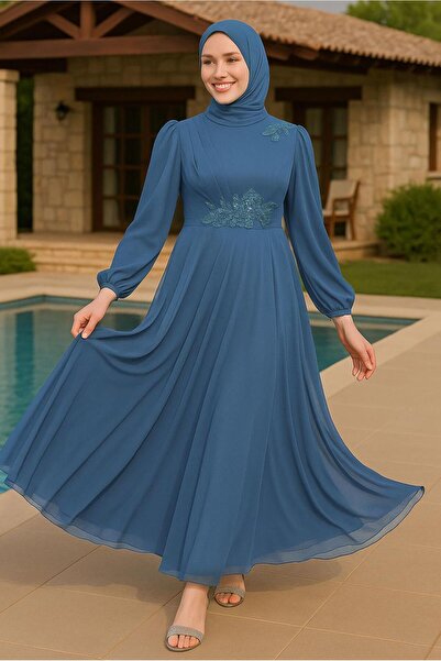 TRENDTESETTÜR KADIN LACİVERT (İNDİGO) NAKIŞLI TÜLLÜ ABİYE ELBİSE 33110