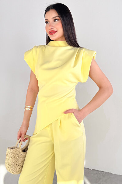 Cappmoda Blz-06276 Yellow Padded Back Zipper Asymmetrical Cut Design Blouse