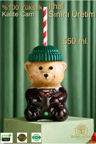 AuraStile Ayıcıklı Bardak Barista Cam Soğuk İçecek Bardağı Ayıcık Bardak 550 ml