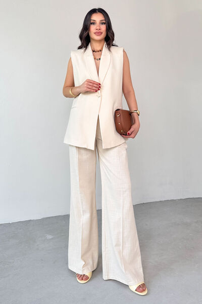 Cappmoda TKM-13257 Taş Rengi Kruvaze Yaka Vatkalı Yelek Arka Bel Lastikli Sal...