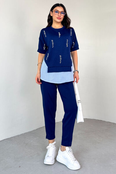 Cappmoda TKM-13258 Темно-синя перлинна сорочка з деталями Блузка Поношені шта...