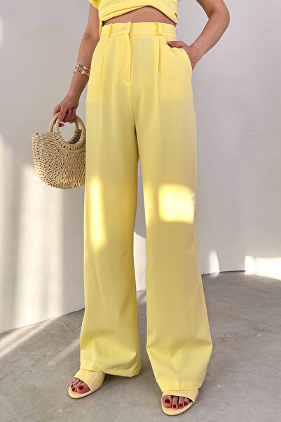 Cappmoda Pnt-07409 Yellow Polyviscon Fabric Palazzo Trousers