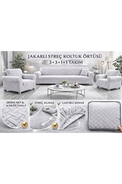 zerif home Esnek Koltuk Kılıfı 3+3+1+1 Takım Lastikli Kaymaz Tam Sarar Yıkana...