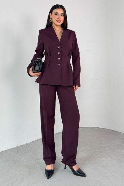 Cappmoda TKM-03708 Mürdüm Pensli Düğmeli Ceket Pantolon Casual Takım