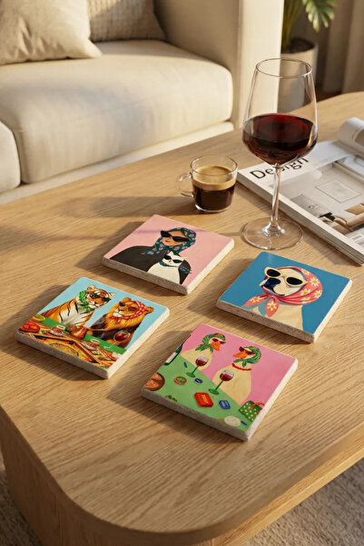 Baumatelier Fun Animals Themed Pop Art Natural Stone Travertine Coasters Ston...