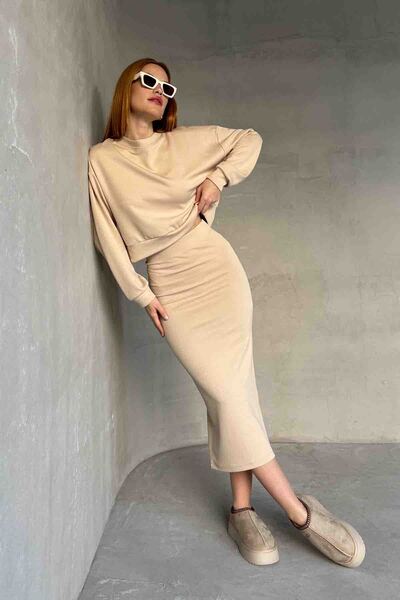 Cappmoda TKM-1108 Krem Rengi Modal Kumaş Bluz Kalem Etek İkili Takım