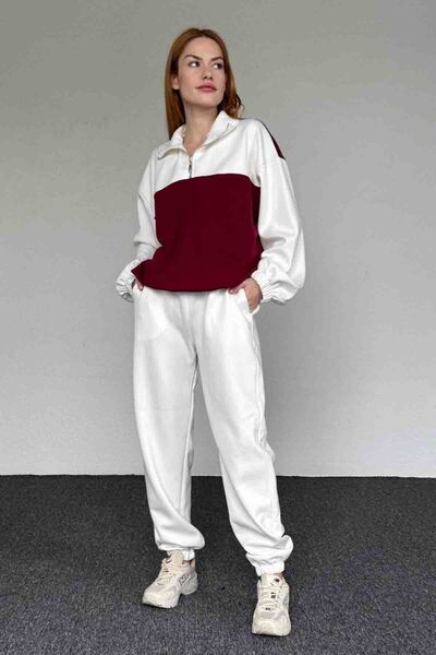 Cappmoda TKM-03650 Beyaz Bordo Blok Renkli Modal Kumaş Fermuarlı Salaş Sweats...