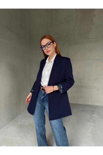 Cappmoda Ckt-12435 Navy Blue Leopard Lined Padded Double Breasted Collar Blaz...