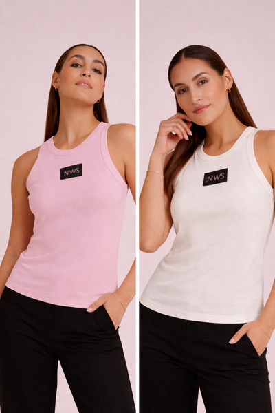 HR New Days kalın askılı nakışlı 2'li avantajlı paket standart beden atlet (E...