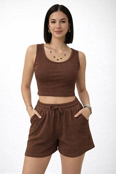 trendalisse Γυναικείο σορτς με ελαστική μέση και κοντό τοπ, σετ δύο τεμαχίων