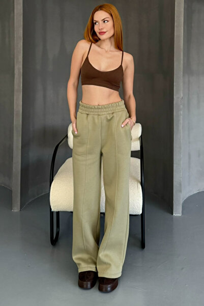 Cappmoda EŞF-09087 Haki Çimalı Bel Lastikli Üç İplik Şardonlu Palazzo Eşofman