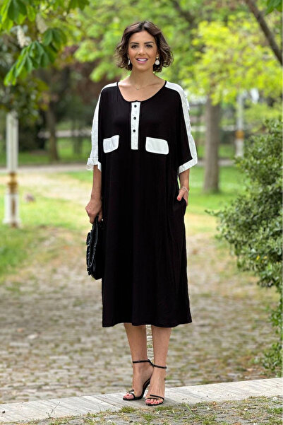 Nevin Kaya Moda Rochie Buzunare Negre Albă Plus Size 100% Bumbac Bumbac Piept...