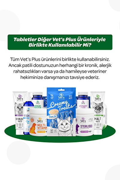 Vet's Plus Anti-Hairball Çiğnenebilir Tablet 60'lı (Malt ve Bal Kabaklı Tüy Yumağı Önleyici, Kediler için)