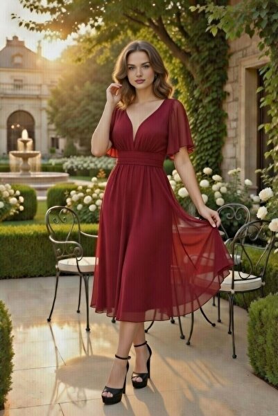FaBe Fashion KISA KOLLU KALP YAKA BELİ BÜZGÜLÜ MİDİ ŞİFON ELBİSE NİKAH-NİŞAN-...