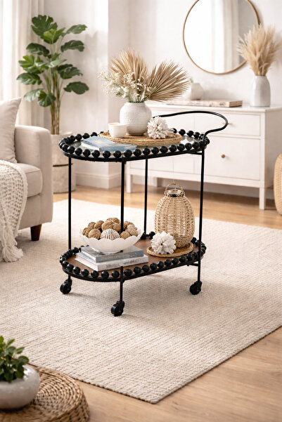 N.zone Round metal serving trolley with two shelves, dark wood beaded edges, ...