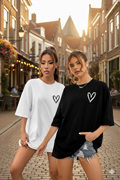 DAXİS Sportwear Company 2'Lİ Kadın Küçük Kalp Baskılı Oversize Tshirt