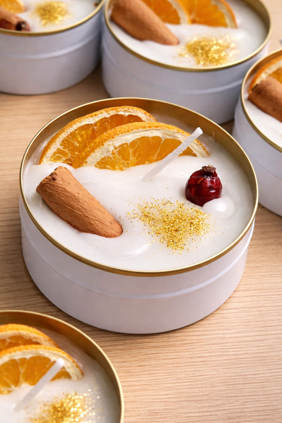 glownshine Beyaz Çelik Kutuda Portakal Tarçınlı Mum