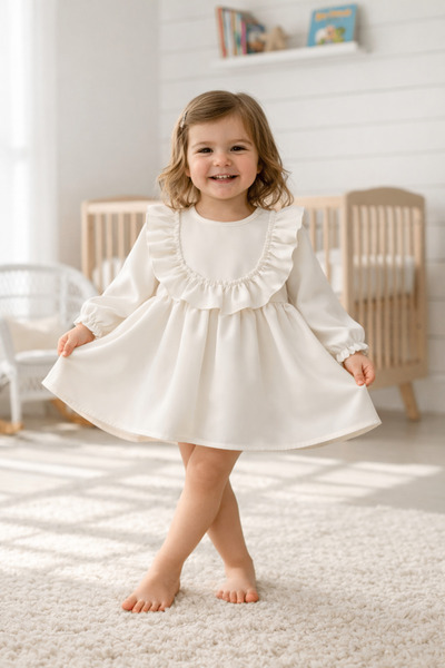 Bertuğ Bebek Fırfır Ve Dantel Detaylı Vintage Krep Tasarım Kız Çocuk Bebek El...