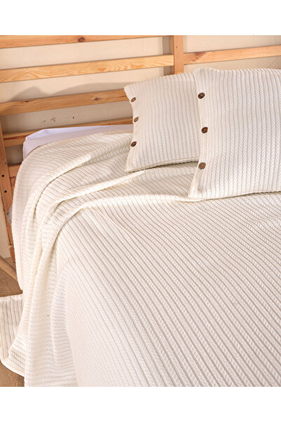 Cottonest Set dublu Pique – Cuvertură de pat Ecru cu model împletit + 2 fețe ...