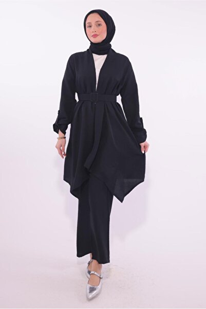 TRENDTESETTÜR KADIN SİYAH KEMERLİ PANTOLONLU TAKIM T 0274