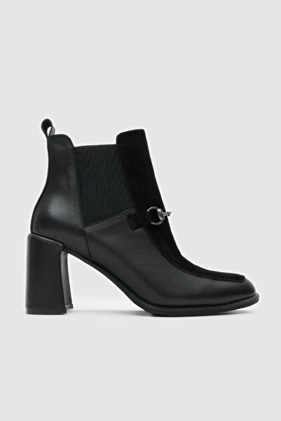 TOGO Siyah Hakiki Deri & Süet Detaylı Kadın Topuklu Bot [060091]