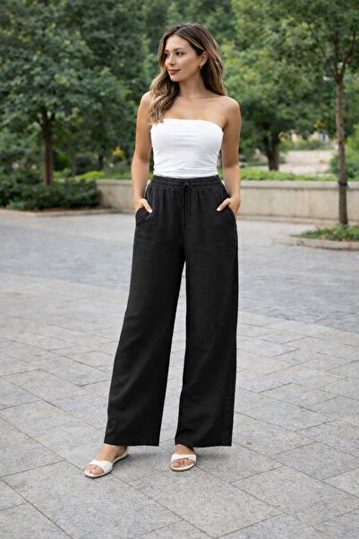 ECK MODA Kadın Müslin Kumaş Beli Lastikli Cepli Salaş Kalıp Pantolon