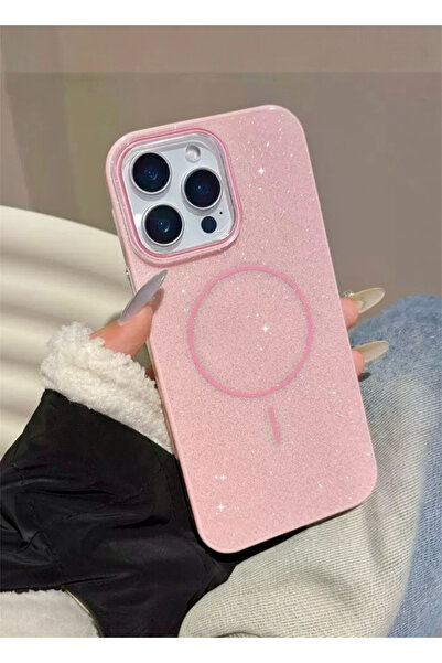 Iphone 13 Pro Max Pembe Simli Şeffaf MagSafe Uyumlu Kılıf