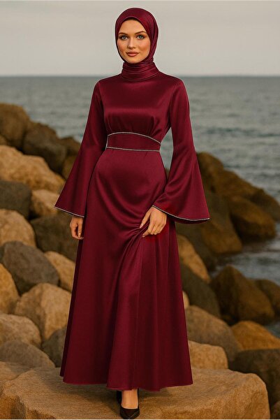 TRENDTESETTÜR KADIN BORDO SATEN ABİYE ELBİSE T 9516