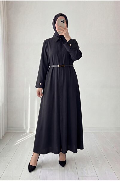 MİHRA STORE Φόρεμα με κουμπιά στα μανίκια και κασκόλ και ζώνη - SHA1121 Μαύρο
