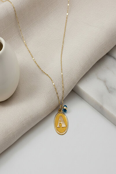 DİAMİNE PIRLANTA 14 Ayar Altın A Harf Nostaji Oval Nazarlı Plaka Kolye ( TÜM ...