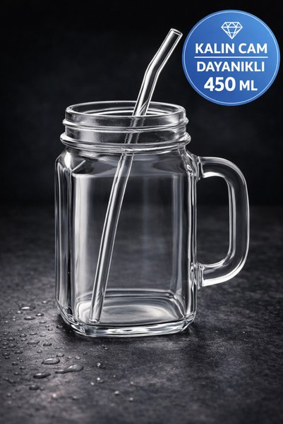 Open Home Concept 6’lı Kulplu Cam Bardak Seti 450 ML Pipet Hediyeli Kokteyl Soğuk Kahve Meşrubat Bardağı