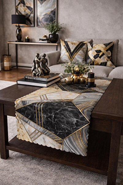 SasoHome Sarı Siyah Mermer Desenli Dijital Baskılı Dekoratif Runner