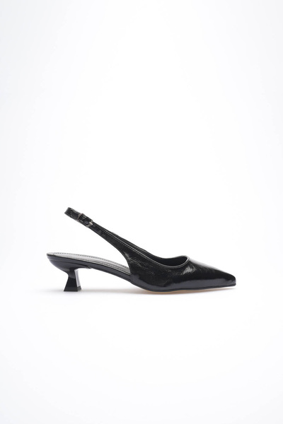 TRENDELLA Women's Black Wrinkled Patent Leather Slingback Pointed Toe Short H...