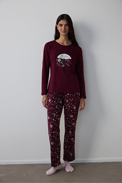 Penti Set de pijamale cu pantaloni pentru dus cu flori burgundy