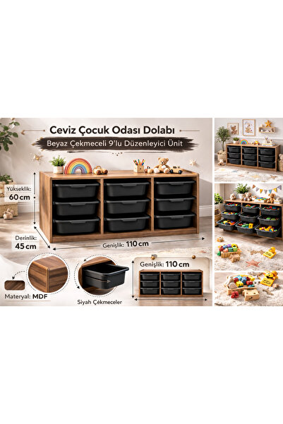 Industrial Living 18mm MDF Ceviz Çocuk Odası Dolabı, Siyah Çekmeceli 9’lu Düz...