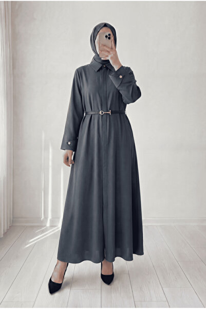 MİHRA STORE Φόρεμα με κουμπιά στον ώμο και ζώνη - SHA1121 Ανθρακί