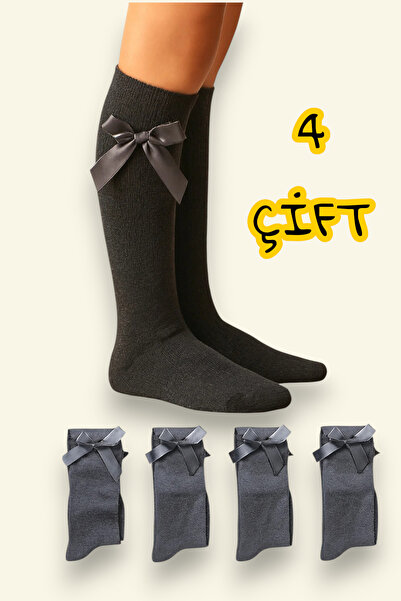 Esinti 4 perechi de șosete lungi, culoare antracit, cu fundă, șosete lungi pe...