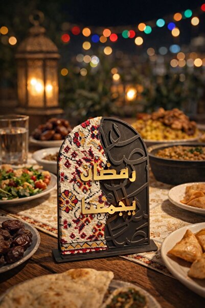 LAZORİAE Ramazan Özel Ahşap Masaüstü Dekor – İran Halısı Desenli, Arapça Yazılı