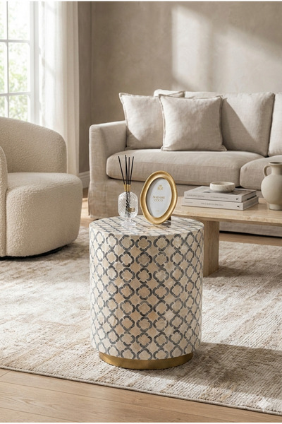 Lisso Zenya Doğal Kaplama Lüks El İşçiliği Yan Sehpa / Tabure 40x40 H:45