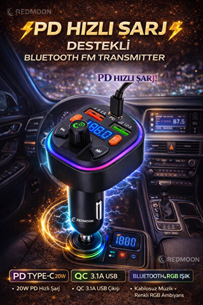 REDMOON RM-738 RGB IŞIKLI BLUETOOTH MP3 ÇALAR ARAÇ CİHAZI FM TRANSMİTTER ARAÇ...