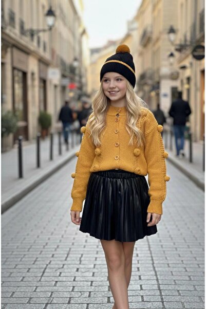 Hilal Akıncı Kids Girl's Pompom Knitwear Cardigan Black Leather Pleated Skirt...