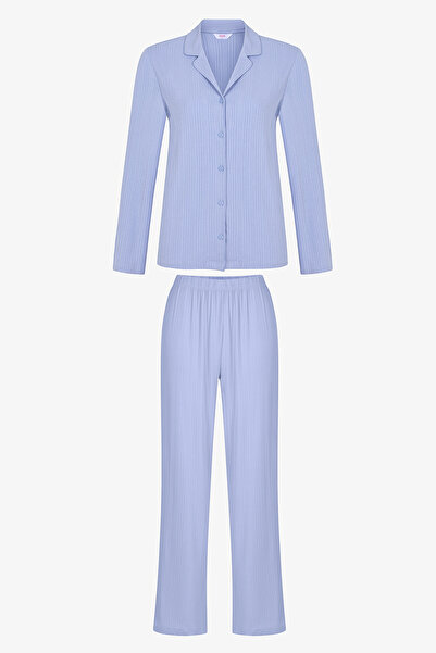 Penti Blue Emily Rib Shirt Pants Pajama Set