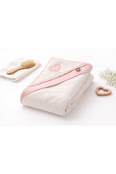 Pure Boutique White baby towel with hood and pink heart applique, soft and de...