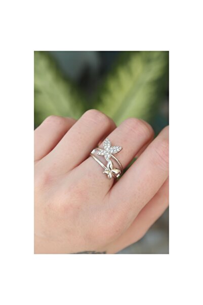 MAU CAT خاتم نحاسي فضي اللون قابل للتعديل من حجر الزركون